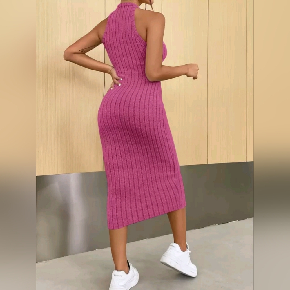 Elegant Ribbed Pink Heather Halter Knit Midi Dress Size Medium 8/10 Never Worn - Picture 2 of 5